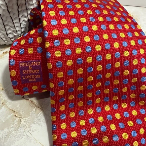 NWOT Holland‎ & Sherry London Men's Silk Polkadot Tie Red/Blue/Gold 3 1/2 x 60